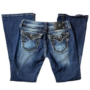 Miss Me Low Rise Dark Wash Flare Jeans Black Bling Rhinestone JE5686FR Sz 28